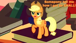 Size: 1920x1080 | Tagged: safe, derpibooru import, edit, edited screencap, screencap, applejack, earth pony, pony, bridle gossip, season 1, appletini, book, female, g4, golden oaks library, guess the reference, image, kingdom hearts, library, meme, micro, png, solo