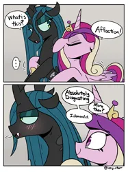 Size: 2163x2896 | Tagged: safe, artist:icey, derpibooru import, princess cadance, queen chrysalis, alicorn, changeling, pony, 2 panel comic, blushing, comic, duo, duo female, female, g4, hug, image, png, tsundere