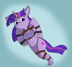 Size: 1767x1639 | Tagged: safe, artist:parassaux, derpibooru import, twilight sparkle, twilight sparkle (alicorn), alicorn, anthro, plantigrade anthro, belly button, bondage, bound, bound wings, bra, breasts, cleavage, clothes, cutie mark, female, g4, hands behind back, horn, horn ring, image, jewelry, jpeg, looking at you, panties, ring, rope, rope bondage, solo, underwear, wings