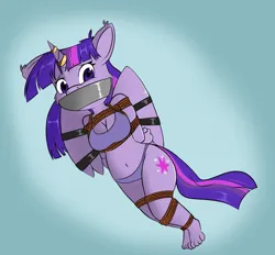 Size: 1767x1639 | Tagged: safe, alternate version, artist:parassaux, derpibooru import, twilight sparkle, twilight sparkle (alicorn), alicorn, anthro, plantigrade anthro, belly button, bondage, bound, bound and gagged, bound wings, bra, breasts, cleavage, clothes, cutie mark, female, g4, gag, hands behind back, horn, horn ring, image, jewelry, jpeg, looking at you, panties, ring, rope, rope bondage, solo, tape, tape gag, underwear, wings