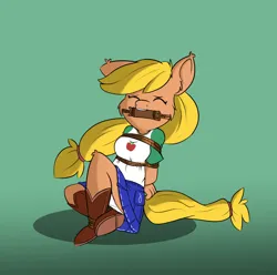 Size: 1942x1926 | Tagged: safe, artist:parassaux, derpibooru import, applejack, anthro, applesub, bit gag, bondage, boots, bound and gagged, clothes, cowboy boots, denim, denim skirt, eyes closed, female, femsub, g4, gag, gradient background, hands behind back, image, jpeg, panties, panty shot, rope, rope bondage, shoes, sitting, skirt, solo, submissive, underwear