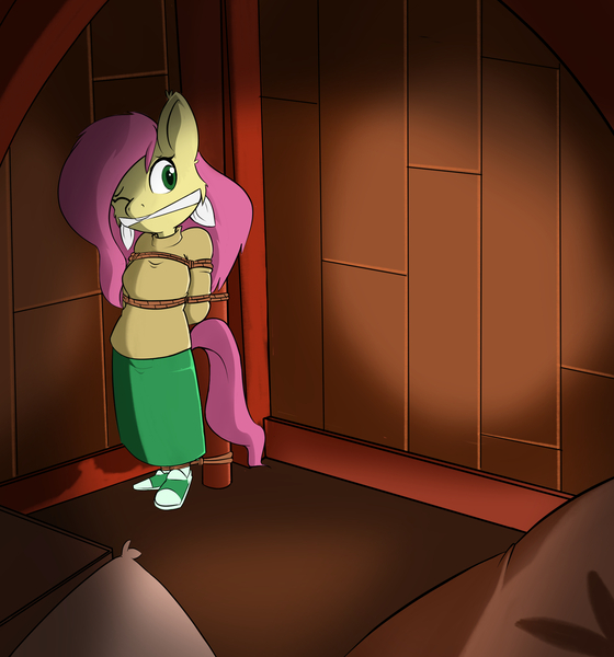 Size: 2064x2212 | Tagged: safe, artist:parassaux, derpibooru import, fluttershy, anthro, plantigrade anthro, attic, bondage, bound and gagged, cleave gag, clothes, female, femsub, fluttersub, g4, gag, hands behind back, image, jpeg, one eye closed, pole tied, rope, rope bondage, skirt, solo, standing, submissive, sweater, sweatershy