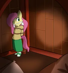 Size: 2064x2212 | Tagged: safe, artist:parassaux, derpibooru import, fluttershy, anthro, plantigrade anthro, attic, bondage, bound and gagged, cleave gag, clothes, female, g4, gag, hands behind back, image, jpeg, one eye closed, pole tied, rope, rope bondage, skirt, solo, standing, sweater, sweatershy