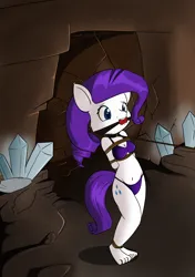 Size: 1581x2243 | Tagged: safe, artist:parassaux, derpibooru import, rarity, anthro, plantigrade anthro, ballgag, belly button, bikini, bondage, bound and gagged, breasts, cave, cleavage, clothes, crystal, cutie mark, female, femsub, g4, gag, hands behind back, image, jpeg, leash, rarisub, rope, rope bondage, solo, standing, submissive, swimsuit