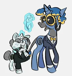 Size: 1046x1104 | Tagged: safe, artist:cogmics, derpibooru import, ponified, pony, unicorn, bowtie, cigar, cog, crossover, duo, female, flower, horn, image, male, mouthpiece (corporate clash), necktie, pluto (corporate clash), pluto (toontown), plutocrat, png, straight, toontown online, toontown: corporate clash