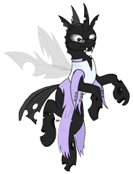 Size: 1197x1563 | Tagged: safe, artist:bjsampson, derpibooru import, oc, oc:vequa, unofficial characters only, changeling, changeling oc, clothes, fangs, flying, glasses, image, png, robe, runes, simple background, smiling, transparent background, vest, white changeling