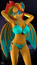 Size: 2160x3840 | Tagged: suggestive, artist:flamydreamsfm, derpibooru import, oc, oc:flamy dream, unofficial characters only, anthro, bat pony, 3d, bat pony oc, bat wings, bikini, breasts, busty oc, clothes, female, folded wings, glasses, image, png, solo, source filmmaker, swimsuit, wings