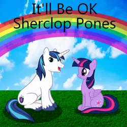 Size: 900x900 | Tagged: safe, artist:shercloppones, artist:user15432, derpibooru import, shining armor, twilight sparkle, twilight sparkle (alicorn), alicorn, pony, unicorn, friendship is witchcraft, album, album cover, blue sky, brother and sister, cloud, duo, duo male and female, female, g4, grass, horn, image, it'll be ok, jpeg, looking at you, male, open mouth, open smile, rainbow, siblings, sitting, sky, smiling