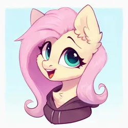 Size: 1280x1280 | Tagged: safe, ai content, artist:nightluna, derpibooru import, editor:nightluna, machine learning assisted, fluttershy, pegasus, pony, bust, cheek fluff, chest fluff, clothes, cute, ear fluff, eyebrows, eyelashes, female, g4, hoodie, image, mare, open mouth, open smile, png, portrait, shyabetes, simple background, smiling, solo