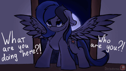 Size: 1280x720 | Tagged: safe, artist:darbedarmoc, derpibooru import, oc, oc:luamore, pegasus, angry, animated, dialogue, gif, image, looking at you, night, tail, two toned mane, two toned tail