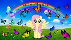 Size: 1280x720 | Tagged: safe, artist:aaliyah_rosado, artist:ponyphonic, artist:user15432, derpibooru import, fluttershy, butterfly, insect, pegasus, pony, blue sky, cloud, flying, g4, grass, image, jpeg, looking at you, rainbow, shy heart, sky, smiling, smiling at you, spread wings, wings