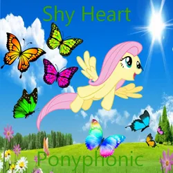 Size: 900x900 | Tagged: safe, artist:aaliyah_rosado, artist:ponyphonic, artist:user15432, derpibooru import, fluttershy, butterfly, insect, pegasus, pony, album, album cover, blue sky, cloud, flower, flying, g4, grass, image, jpeg, open mouth, open smile, shy heart, sky, smiling, sun, tree