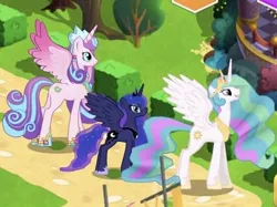 Size: 390x292 | Tagged: safe, derpibooru import, princess celestia, princess flurry heart, princess luna, alicorn, adult flurry heart, ethereal mane, g4, game screencap, gameloft, height difference, hoof shoes, image, jpeg, my little pony: magic princess, older, older flurry heart, peytral, spread wings, trio, wings