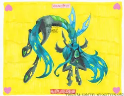 Size: 3296x2554 | Tagged: safe, artist:viscerazombie, derpibooru import, queen chrysalis, changeling, hoof heart, image, looking at you, png, simple background, solo, underhoof, watermark