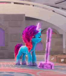 Size: 435x498 | Tagged: safe, derpibooru import, screencap, pony, unicorn, g5, my little pony: make your mark, spoiler:g5, spoiler:my little pony: make your mark, spoiler:my little pony: make your mark chapter 5, animated, box, broom, crystal brighthouse, cute, gif, glow, glowing horn, horn, image, magic, misty brightdawn, mistybetes, my little pony: make your mark chapter 5, nightmare on mane street, rebirth misty, staircase, stairs, sweeping