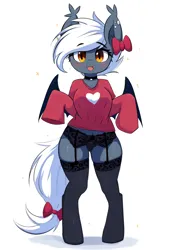 Size: 832x1216 | Tagged: suggestive, ai content, derpibooru import, machine learning generated, novelai, stable diffusion, oc, oc:misty inkblot, anthro, bat pony, unguligrade anthro, adorasexy, bat pony oc, bat wings, black underwear, bow, choker, clothes, cute, ear piercing, ear tufts, fangs, female, garter belt, garter belt leggings, hair bow, image, looking at you, oversized clothes, oversized shirt, piercing, png, prompter:flitter4935, sexy, shirt, solo, tail, tail bow, underwear, wings