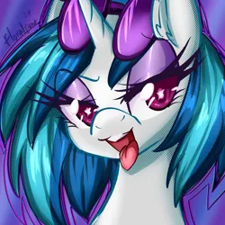 Size: 3000x3000 | Tagged: safe, artist:floralshitpost, derpibooru import, vinyl scratch, unicorn, eyeshadow, horn, image, lidded eyes, makeup, open mouth, png, red eyes, sunglasses, sunglasses on head, tongue out, wingding eyes