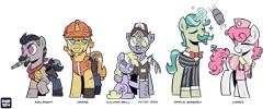 Size: 5000x2000 | Tagged: safe, artist:wandrevieira1994, derpibooru import, derpy hooves, oc, oc:apple whiskey, oc:candi, oc:crane, oc:railright, oc:silver bell, unofficial characters only, earth pony, ghoul, pony, undead, unicorn, fallout equestria, clothes, g4, gun, hard hat, hat, horn, image, nurse, png, simple background, transparent background, weapon