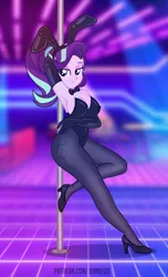 Size: 728x1200 | Tagged: suggestive, alternate version, artist:jennieoo, derpibooru import, part of a set, starlight glimmer, human, equestria girls, bowtie, bunny ears, bunny suit, clothes, evening gloves, g4, gloves, high heels, image, latex, latex gloves, latex leotard, leotard, long gloves, looking at you, pantyhose, png, sexy, shoes, show accurate, show accurate porn, smiling, smiling at you, solo, stripper, stripper pole, tights, vector