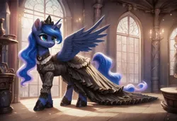 Size: 1216x832 | Tagged: safe, ai content, derpibooru import, generator:autismmixpony, machine learning generated, prompter:kluknawa235, stable diffusion, princess luna, alicorn, bracelet, clothes, crown, dress, g4, horn, image, jewelry, jpeg, regalia, smiling, spread wings, torch, window, wings, wooden floor