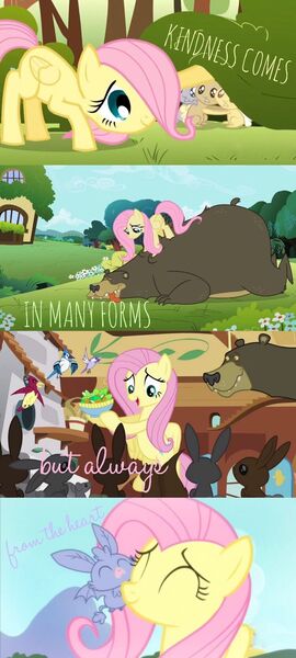 Size: 736x1634 | Tagged: safe, derpibooru import, edit, edited screencap, screencap, fluttershy, harry, bat, bear, bird, fruit bat, pony, rabbit, bats!, lesson zero, season 1, season 2, season 4, the cutie mark chronicles, animal, female, filly, filly fluttershy, fluttershy's cottage (interior), food, g4, image, jpeg, mare, massage, salad, younger