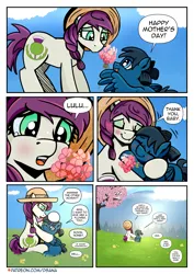 Size: 2481x3508 | Tagged: safe, artist:dsana, derpibooru import, oc, oc:lullaby dusk, oc:thistledown, unofficial characters only, earth pony, pegasus, pony, comic:a storm's lullaby, duo, duo female, female, filly, flower, foal, image, mare, png, tree, wing hold, wings