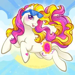 Size: 2400x2400 | Tagged: safe, artist:sparkytopia, derpibooru import, sunny daze (g3), earth pony, pony, g3, cloud, female, heart, heart eyes, image, looking at you, mare, open mouth, open smile, pink eyes, png, signature, smiling, solo, sun, sunglasses, sunglasses on head, white coat, wingding eyes