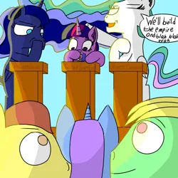 Size: 1500x1500 | Tagged: safe, artist:icycrymelon, derpibooru import, princess celestia, princess luna, twilight sparkle, twilight sparkle (alicorn), oc, alicorn, pony, unicorn, card, female, g4, horn, image, male, png, smiling, speech, talking