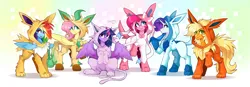 Size: 7199x2513 | Tagged: safe, artist:buvanybu, derpibooru import, part of a set, applejack, fluttershy, pinkie pie, rainbow dash, rarity, twilight sparkle, twilight sparkle (alicorn), alicorn, earth pony, espeon, flareon, glaceon, jolteon, leafeon, pegasus, pony, sylveon, unicorn, clothes, concave belly, cosplay, costume, female, g4, high res, horn, image, kigurumi, looking at you, mane six, mare, open mouth, open smile, png, pokémon, raised hoof, simple background, smiling, white background