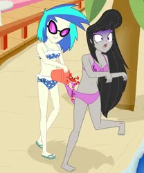 Size: 1000x1200 | Tagged: suggestive, artist:wolfpuppy21, derpibooru import, octavia melody, vinyl scratch, crab, human, equestria girls, beach, bikini, bucket, clothes, female, g4, grin, image, png, smiling, swimsuit, wedgie