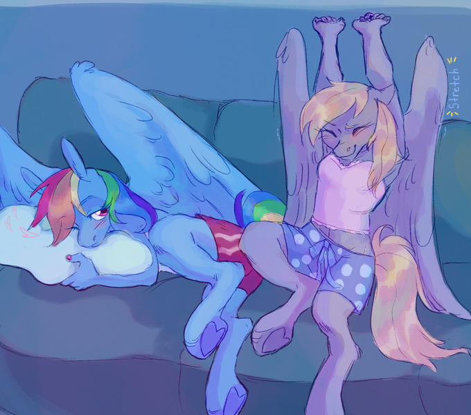 Size: 1700x1500 | Tagged: safe, artist:abbytabbys, derpibooru import, derpy hooves, rainbow dash, anthro, pegasus, pony, unguligrade anthro, blonde mane, blonde tail, blue coat, blushing, clothes, colored eyebrows, couch, duo, duo female, eye clipping through hair, eyebrows, eyebrows visible through hair, eyelashes, female, floppy ears, frown, g4, gray coat, holding pillow, hoof heart, image, indoors, jpeg, large wings, lidded eyes, looking at someone, lying down, mare, multicolored hair, multicolored mane, multicolored tail, nap, onomatopoeia, painted nails, partially open wings, pink eyes, prone, rainbow hair, rainbow tail, roommates, shiny mane, shiny tail, shorts, smiling, sports shorts, stretching, tail, tall ears, tanktop, text, underhoof, wing fluff, wings