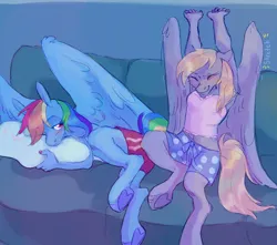 Size: 1700x1500 | Tagged: safe, artist:abbytabbys, derpibooru import, derpy hooves, rainbow dash, anthro, pegasus, pony, unguligrade anthro, blonde mane, blonde tail, blue coat, blushing, clothes, colored eyebrows, couch, duo, duo female, eye clipping through hair, eyebrows, eyebrows visible through hair, eyelashes, female, floppy ears, frown, g4, gray coat, holding pillow, hoof heart, image, indoors, jpeg, large wings, lidded eyes, looking at someone, lying down, mare, multicolored hair, multicolored mane, multicolored tail, nap, onomatopoeia, painted nails, partially open wings, pink eyes, prone, rainbow hair, rainbow tail, roommates, shiny mane, shiny tail, shorts, smiling, sports shorts, stretching, tail, tall ears, tanktop, text, underhoof, wing fluff, wings
