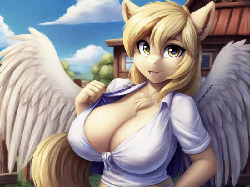 Size: 800x600 | Tagged: suggestive, ai content, derpibooru import, machine learning generated, stable diffusion, derpy hooves, anthro, pegasus, big breasts, breasts, busty derpy hooves, chest fluff, cleavage, clothes, erect nipples, female, front-knot midriff, g4, huge breasts, image, jpeg, looking at you, nipple outline, open mouth, prompter:fragglezed, shirt, shirt lift, solo, solo female, spread wings, underp, wings