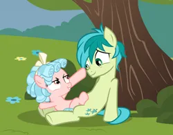 Size: 1162x906 | Tagged: safe, artist:lunaticdawn, derpibooru import, cozy glow, sandbar, earth pony, pegasus, pony, boop, colt, cute, duo, eye contact, female, filly, foal, g4, grass, image, looking at each other, looking at someone, male, png, sitting, smiling, smirk, teenager, tree