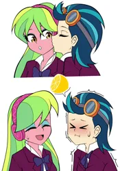 Size: 1050x1500 | Tagged: safe, artist:nekojackun, derpibooru import, indigo zap, lemon zest, human, equestria girls, 2d, arrow eyes, bangs, blushing, eyes closed, eyeshadow, female, food, g4, goggles, goggles on head, grin, headphones, image, jpeg, kiss on the cheek, kissing, lemon, lesbian, makeup, nervous, nervous grin, shadowbolts uniform, ship:lemonzap, shipping, simple background, smiling, sour, white background