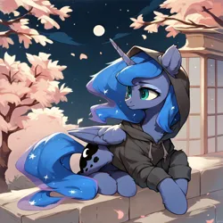 Size: 2056x2056 | Tagged: safe, ai content, derpibooru import, machine learning generated, princess luna, alicorn, pony, artificial intelligence, cherry blossoms, clothes, female, flower, flower blossom, g4, happy, hoodie, horn, image, lying down, mare, moon, night, png, wings