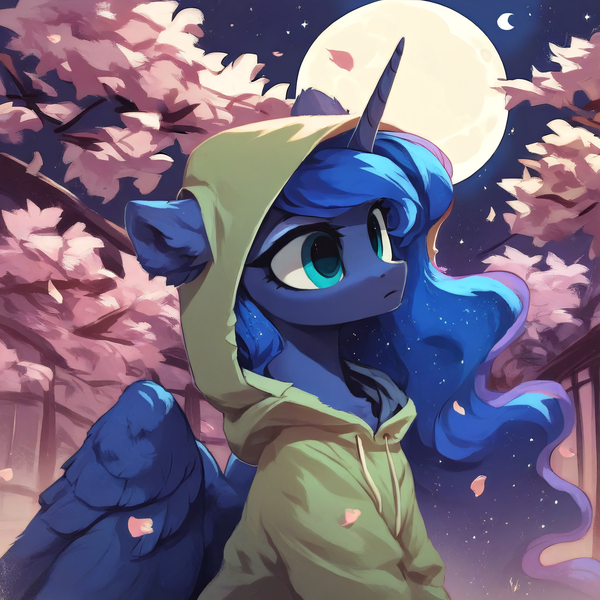 Size: 2048x2048 | Tagged: safe, ai content, derpibooru import, machine learning generated, princess luna, alicorn, pony, artificial intelligence, cherry blossoms, clothes, ear fluff, female, flower, flower blossom, g4, hoodie, image, mare, moon, night, png, solo, wing fluff, wings