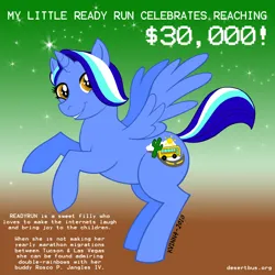 Size: 750x750 | Tagged: safe, artist:kv1nn4, derpibooru import, oc, oc:readyrun, unofficial characters only, alicorn, pony, alicorn oc, desert bus for hope, female, gradient background, grin, horn, image, jpeg, rearing, smiling, solo, wings