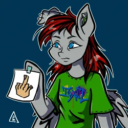 Size: 2048x2048 | Tagged: safe, artist:gigisarts, derpibooru import, oc, oc:darkshy, unofficial characters only, pegasus, pony, blue eyes, bust, clothes, cute, ear piercing, gray body, image, jpeg, piercing, portrait, red and black mane, shirt, simple background, solo, t-shirt