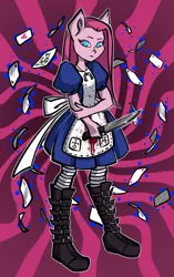 Size: 1359x2160 | Tagged: grimdark, artist:gigisarts, derpibooru import, pinkie pie, anthro, earth pony, abstract background, alice in wonderland, alice: madness returns, blood, boots, clothes, crossover, female, image, jpeg, knife, pinkamena diane pie, playing card, shoes, solo