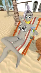 Size: 1080x1920 | Tagged: suggestive, artist:oatmeal!, derpibooru import, zecora, human, equestria girls, 3d, alcohol, arm behind head, beach, beach chair, bikini, breasts, chair, cleavage, clothes, cocktail, crossed legs, drink, ear piercing, earring, g4, gmod, humanized, image, jewelry, looking at you, neck rings, palm tree, piercing, png, sexy, sitting, solo, swimsuit, tree, tropical, zebra print