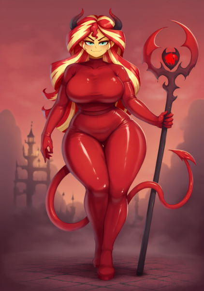 Size: 1440x2048 | Tagged: suggestive, ai content, derpibooru import, machine learning generated, stable diffusion, sunset shimmer, demon, human, succubus, equestria girls, big breasts, bodysuit, boots, breasts, busty sunset shimmer, catsuit, clothes, costume, curvy, devil, devil horns, devil tail, fangs, g4, generator:pony diffusion v6 xl, gloves, hell, high heels, horn, horns, hourglass figure, image, latex, latex gloves, latex suit, looking at you, plump, png, pointy tail, prompter:inky heart, red sky, rubber, shoes, smiling, smirk, smug, tail, thighs, wide hips
