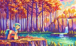 Size: 1280x768 | Tagged: safe, ai content, derpibooru import, machine learning generated, novelai, stable diffusion, oc, unnamed oc, earth pony, pony, autumn, chin up, cliff, eyes closed, forest, image, lake, nature, paint, painting, png, prompter:hazy skies, scenery, scenery porn, smiling, solo, tree, water, waterfall