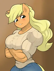 Size: 1733x2252 | Tagged: safe, artist:matchstickman, derpibooru import, applejack, anthro, earth pony, pony, alternate hairstyle, applejacked, biceps, blushing, breasts, busty applejack, clothes, crossed arms, female, g4, image, jpeg, looking at you, loose hair, mare, muscles, muscular female, solo, sweater