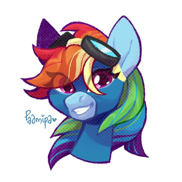 Size: 2500x2500 | Tagged: safe, artist:radmira_lamp, derpibooru import, rainbow dash, pegasus, pony, bust, female, grin, image, jpeg, simple background, smiling, solo, white background