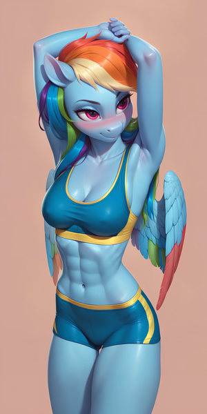 Size: 1126x2252 | Tagged: questionable, ai content, derpibooru import, machine learning generated, prompter:nonezid, stable diffusion, rainbow dash, anthro, pegasus, abs, armpits, belly button, blushing, clothes, colored wings, erect nipples, female, g4, generator:pony diffusion v6 xl, image, midriff, muscles, muscular female, nipple outline, oral, png, rainbuff dash, sex, shorts, simple background, sports bra, sweat, wings