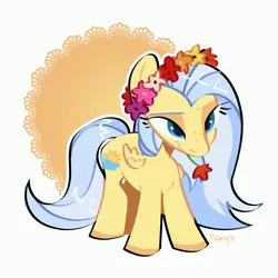 Size: 3000x3000 | Tagged: safe, artist:radmira_lamp, derpibooru import, oc, unofficial characters only, pegasus, pony, female, floral head wreath, flower, flower in mouth, image, jpeg, mouth hold, pegasus oc, simple background, white background, wings