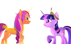 Size: 1920x1200 | Tagged: safe, artist:puzzlshield2, derpibooru import, sunny starscout, twilight sparkle, twilight sparkle (alicorn), alicorn, earth pony, pony, g5, my little pony: a new generation, my little pony: make your mark, 3d, 3d render, concave belly, crossover, element of magic, g4, generation leap, image, mmd, physique difference, png, princess of friendship, simple background, slender, story included, sunny and her heroine, thin, transparent background