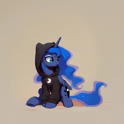 Size: 1024x1024 | Tagged: safe, ai content, derpibooru import, machine learning generated, princess luna, alicorn, pony, artificial intelligence, clothes, cute, female, g4, hoodie, horn, image, looking away, lunabetes, mare, png, simple background, sitting, solo, wings