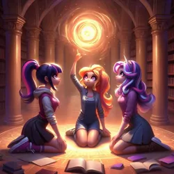 Size: 1024x1024 | Tagged: safe, ai content, derpibooru import, machine learning generated, prompter:yet-one-more-idiot, starlight glimmer, sunset shimmer, twilight sparkle, human, equestria girls, book, bookshelf, column, g4, generator:bing image creator, generator:dall-e 3, horn, horned humanization, humanized, image, jpeg, kneeling, library, magic, magic circle, magic portal